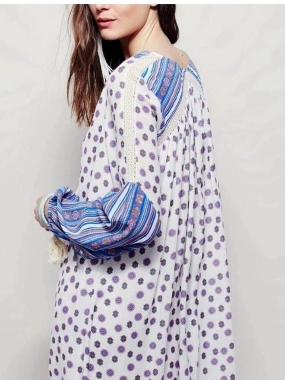 Free People-Boho Peasant Tunic Dress in Cream and Blue Sz XS VGUC - Picture 4 of 15